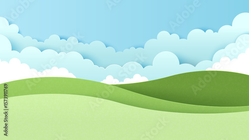 Landscape scenery with mountain and white cloud in summer blue sky background. Nature landscape. Paper cut and craft style illustration