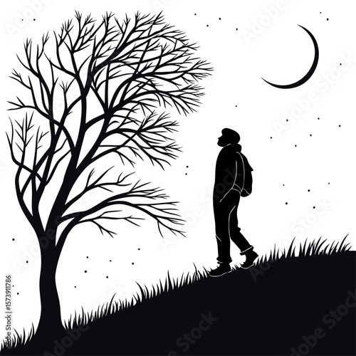 A solitary figure walks uphill under a crescent moon and a starry night sky