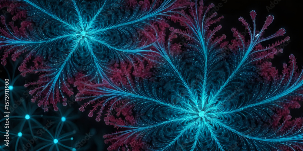 Fototapeta premium Ethereal Teal and Red Abstract Floral Forms with Delicate Filament Structures on Dark Background