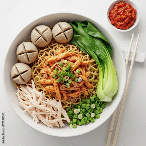 Flat Lay of Indonesian Mie Ayam Bakso with Sambal