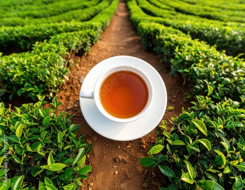 Beautiful Tea Cup Surrounded by Lush Green Tea Plantations Landscape