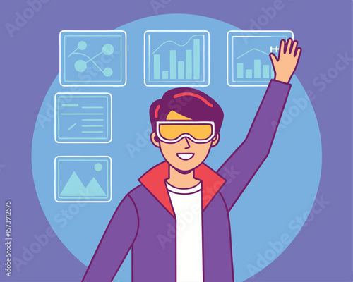 Futuristic man interacting with digital interface using augmented reality glasses for data analysis.