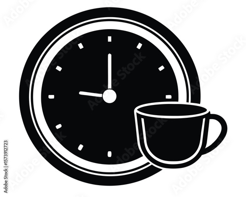 Coffee break time illustration simple black and white clock and coffee cup graphic.