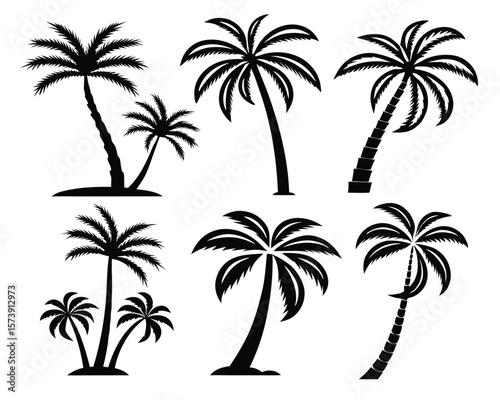 Collection of silhouetted palm trees in various shapes and forms isolated on white background.