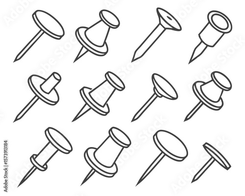 Various styles of outline pushpins arranged on a white background for office and stationery.