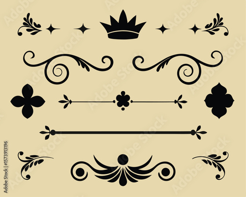 Decorative black flourishes and ornate elements for elegant design projects and creative visuals. Decorative icons design.