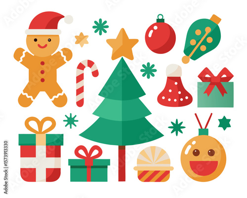 Festive christmas elements including gingerbread man christmas tree and holiday decorations.