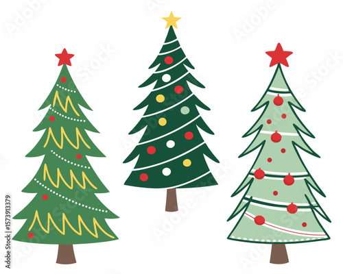 Festive christmas tree illustrations with decorations and star toppers on a white background.