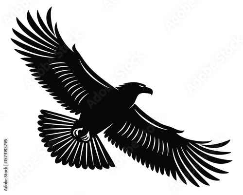 Black and white vector illustration of a majestic soaring eagle with fully spread wings against a white background.