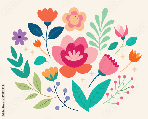 Vibrant floral arrangement composed of various flowers and leaves in bright colors on a cream backdrop.