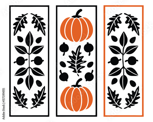 Decorative autumn design with pumpkins leaves berries and vertical borders in black and orange color scheme.