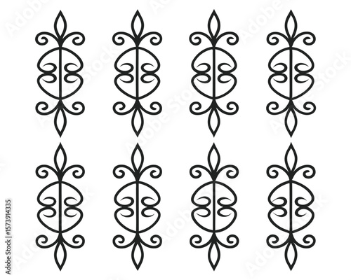 Black ornamental decorative elements arranged in a repeating pattern on a plain white background.