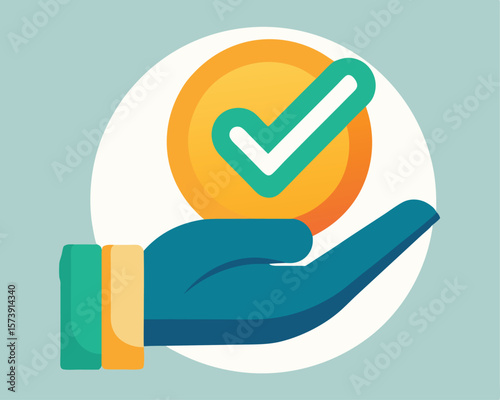 Illustration representing approval or validation with a hand presenting a gold coin and checkmark.