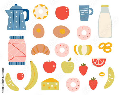 Whimsical colorful breakfast elements including fruit pastries drinks and everyday food items.