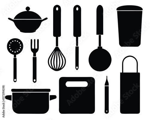 Silhouette collection of diverse kitchen utensils and tools for culinary cooking and food preparation concepts.
