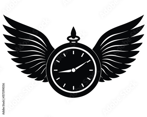 Black and white winged pocket watch vector illustration representing time management and punctuality.
