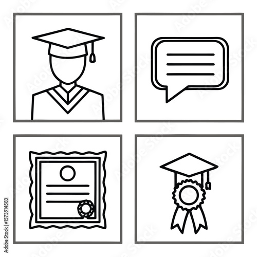 Graduation icons representing education speech certificate and award in simplified black and white vector graphics.