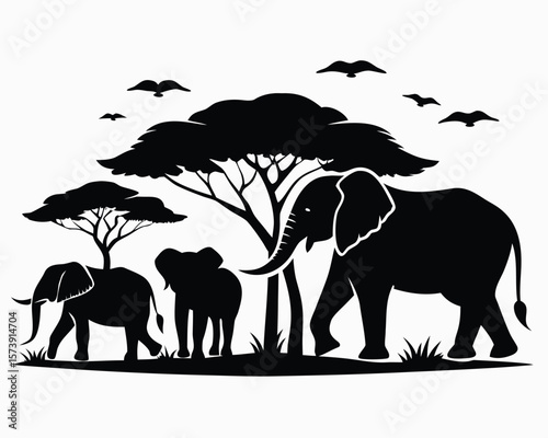 Silhouette depiction of an african savanna scene featuring elephants trees and soaring birds.