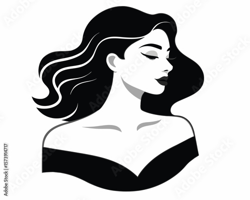 Elegant black and white illustration of a woman with flowing hair in a minimalist style.