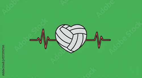 Volleyball Heart with Red Heartbeat Line on Green Background