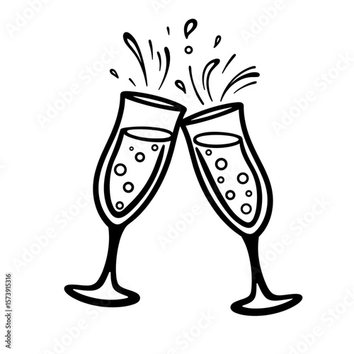 Cheers glasses clinking outline, kids coloring book page celebration art