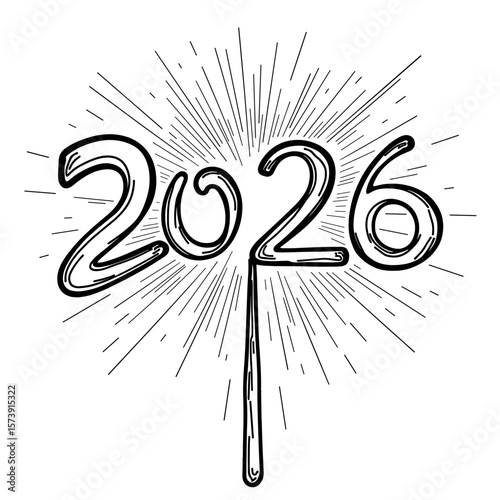 Sparkler in “2026” shape on white background, New Year celebration design
