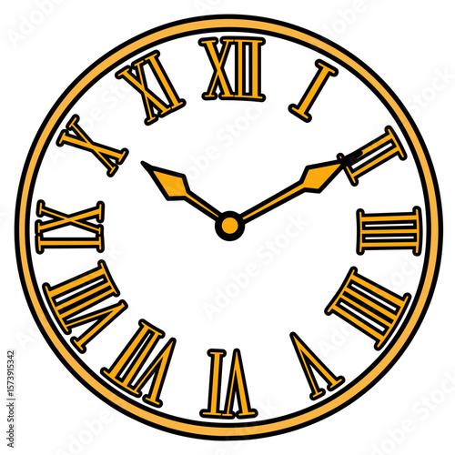 Abstract clock face with gold Roman numerals, kids coloring book design