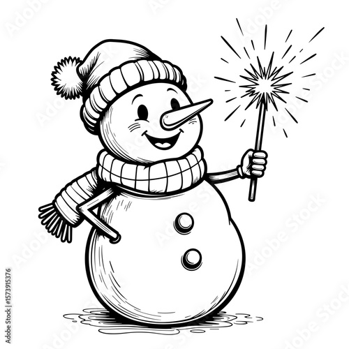 Snowman holding sparkler in joyful pose, cute kids coloring page design