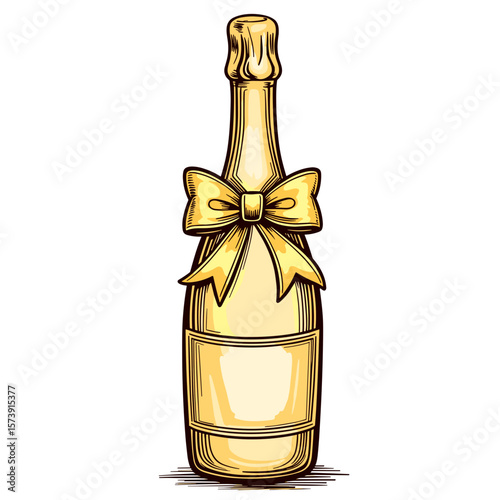 Gold ribbon around champagne bottle, kids coloring page illustration