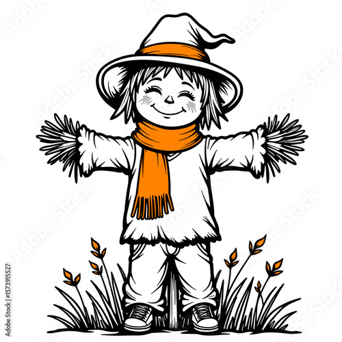 Cute Scarecrow with Orange Scarf for Kids Coloring Book, Hand-Drawn Style