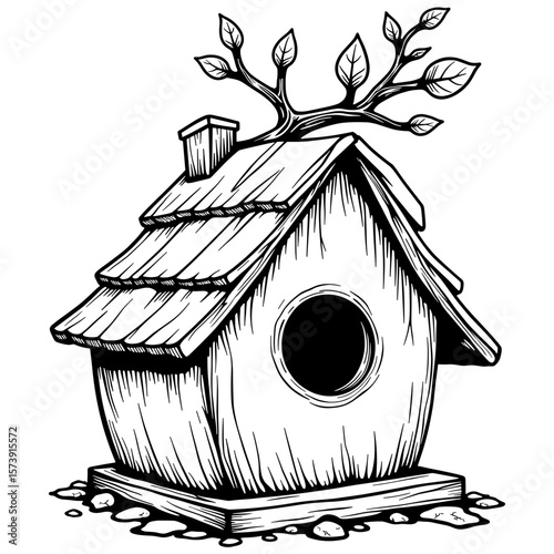 Abstract Birdhouse with Branches, Kids Coloring Book Design, Black and White