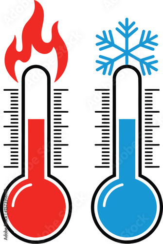 Two thermometers indicating hot and cold temperatures with fire and snowflake icons on a white background