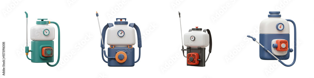 Naklejka premium 3D Pesticide Sprayer Icon – Backpack with Nozzle & Gauge – Transparent PNG Set