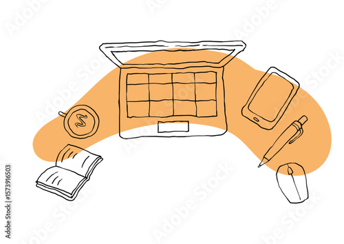 ワークスペースの俯瞰イラスト（ノートパソコンとスマホ・ノート・ペン）