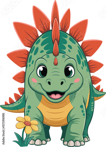 Cute cartoon stegosaurus dinosaur with a yellow flower and big eyes