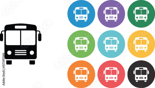 A set of bus icons in various colors including black, blue, green, purple, orange, red, yellow, and teal