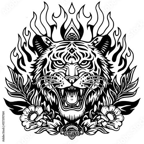 Fierce tiger with flames