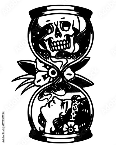 Hourglass with skull and woman