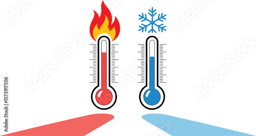 Two thermometers showing hot and cold temperatures with fire and snowflake indicators on a gray background