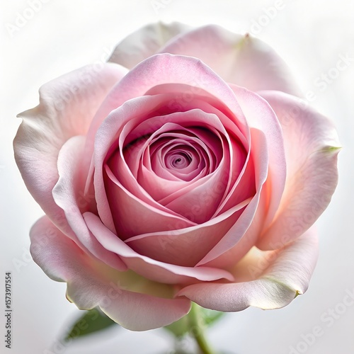 Elegant close-up of a blooming pink rose against a clean white background, capturing the delicate texture and soft pastel hues of the petals