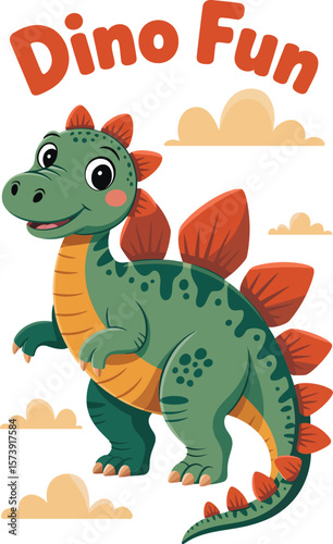 Cute cartoon stegosaurus dinosaur with orange plates and text dino fun