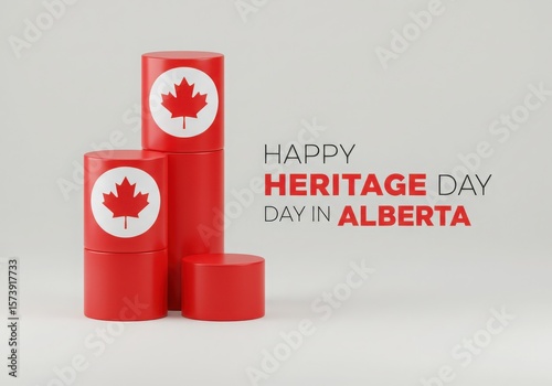 Minimal Alberta heritage day banner with maple leaf and red podium on clean white background 