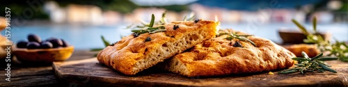 Wallpaper Mural Slices of freshly baked focaccia with rosemary on wooden board by the sea Torontodigital.ca