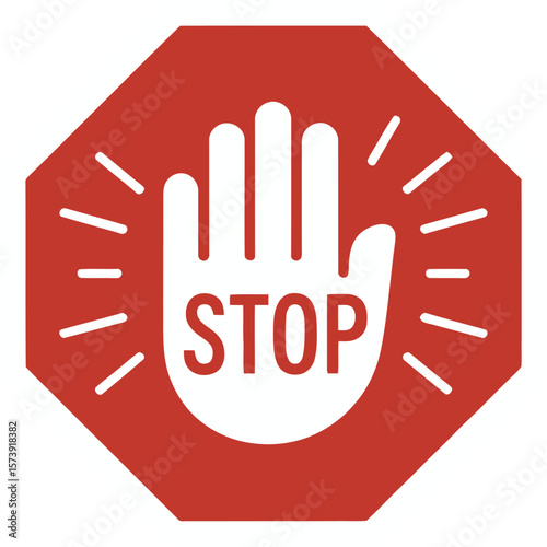 A red stop sign with a white hand and the word stop in the middle on a dark gray background space