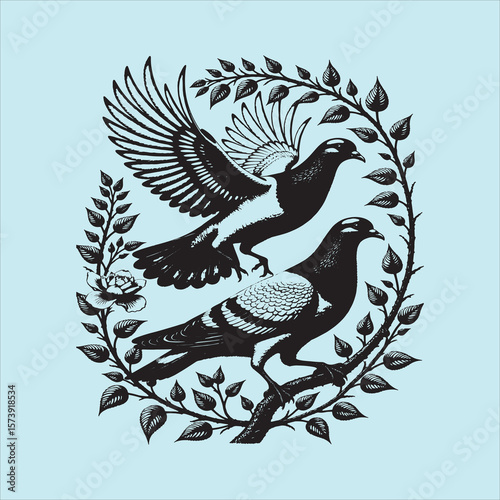 Two pigeons are sitting on a flower.