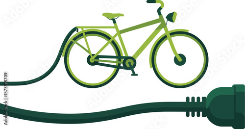 A green bicycle connected to a green electric plug against a light green and white gradient background