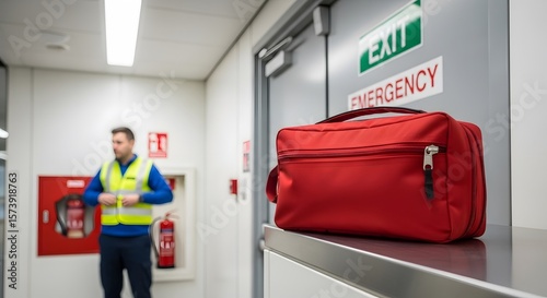 First aid kit stands ready in a facility, as a man dons safety gear and the emergency exit looms, ensuring preparedness in a controlled environment.