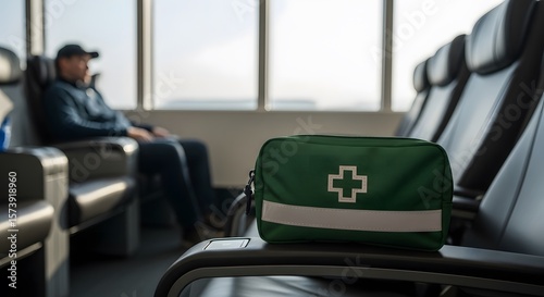 Green first aid kit resting on train seat near passenger providing emergency preparedness for travel and unexpected incidents