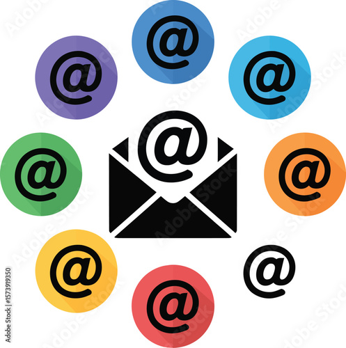 A central black envelope surrounded by colorful circles with at symbols on a light gray background