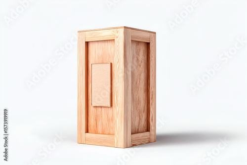 Wooden Box or Crate Standing Tall on a White Background. Mock up promotion information for marketing announcements and details, blank white space